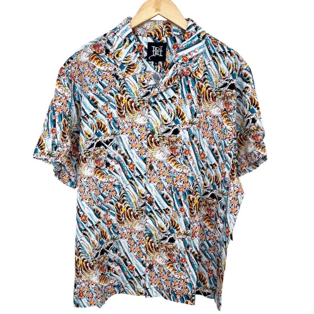 Ed Hardy Tiger Flower Rayon Camp Shirt Men’s XL